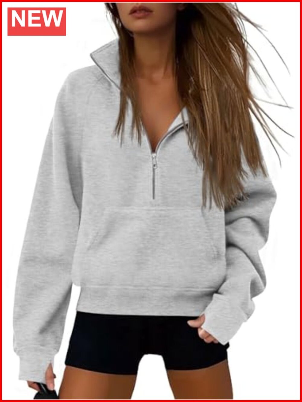 Womens Half Zip Cropped Sweatshirt with Thumb Holes Fleece Pullover Hoodie